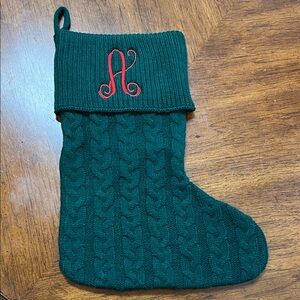 Festive Green Knit Christmas Stocking with Red Initial